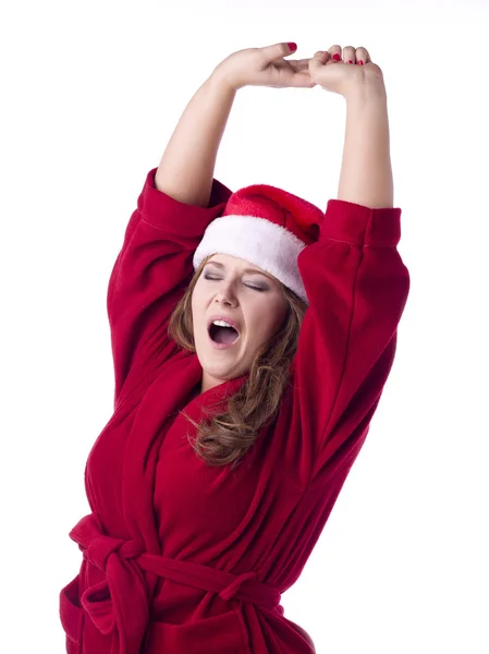 A yawning santa woman — Stock Photo, Image