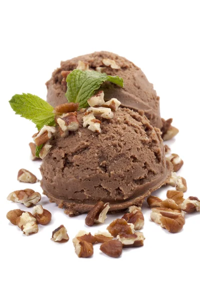 Chocolate almond premium ice cream with mint leaf — Stock Photo, Image