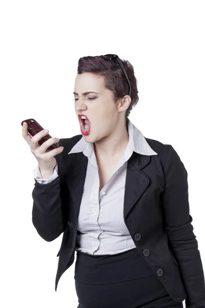 Podnikatelka, křičí na její mobil — Stock fotografie