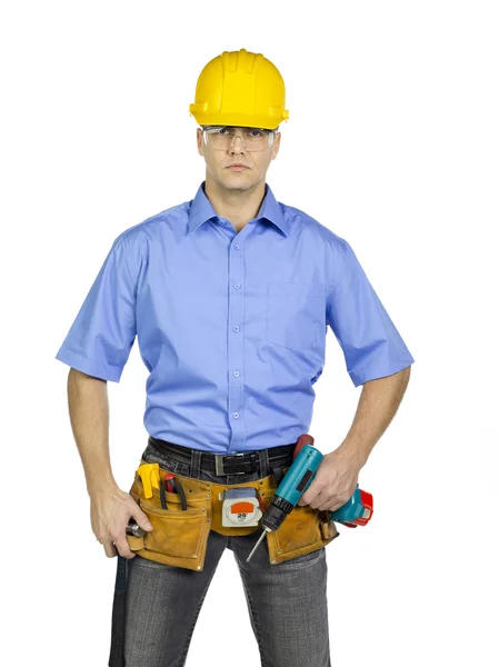 Stavební dělník na bílém pozadí — Stock fotografie