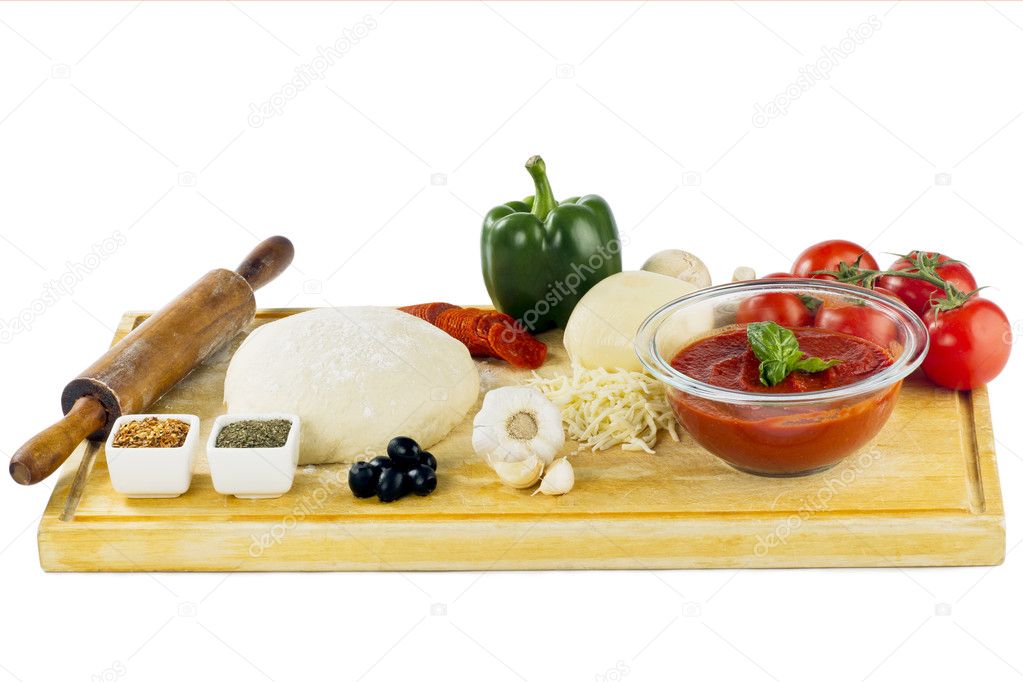 complete set of ingredients for home made pizza