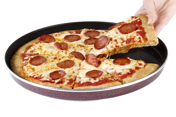 Pepperoni pizza on a tray — Stock Photo, Image