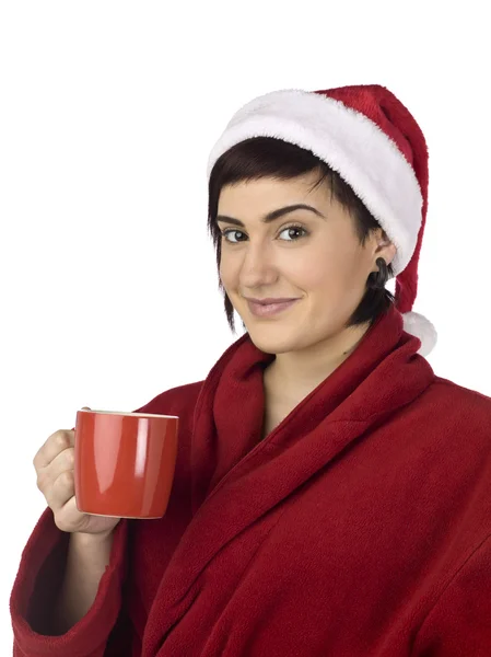 Santa γυναίκα που κρατά ένα ποτήρι καφέ — Φωτογραφία Αρχείου