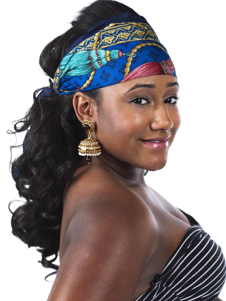 Side view of a young female wearing colorful band — Stock Photo, Image