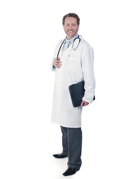 Happy young doctor holding a folder — Stock Photo, Image