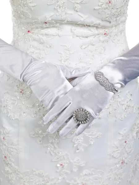 长长的白色手套与人造戒指和手镯 — 图库照片