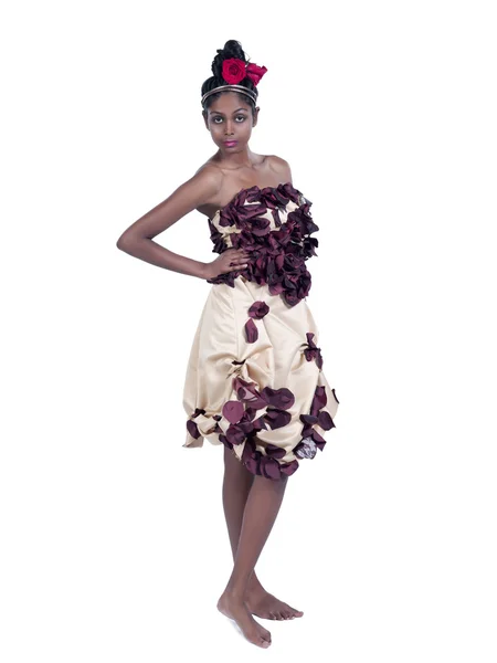 Beautiful female model wearing floral motive dress — Stock Photo, Image