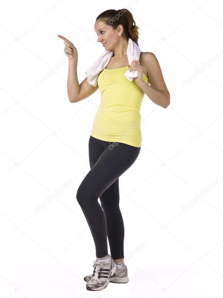 sport woman pointing to the side