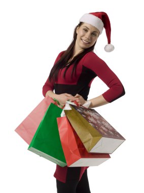 kadın Noel çanta ile poz