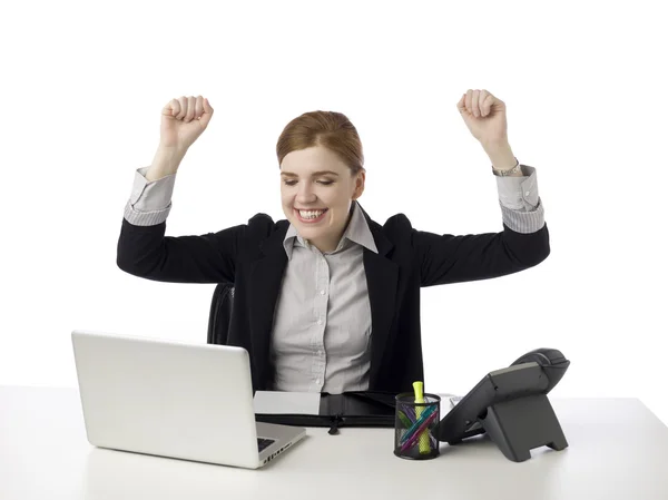 Glada affärskvinna höja näven — Stockfoto