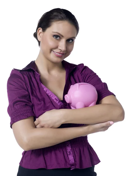 Mujer de negocios sonriente con alcancía — Foto de Stock