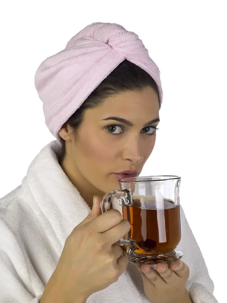 Woman blowing her herbal tea — Stock Photo, Image