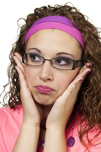 Ragazza in posa al neon in occhiali — Foto Stock