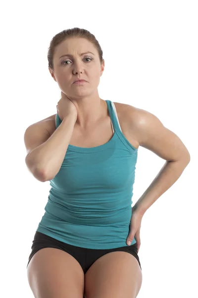 Uma mulher com uma dor no pescoço — Fotografia de Stock