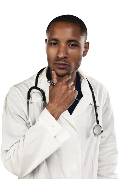 Portrait of a young doctor with hand on chin — Stock Photo, Image