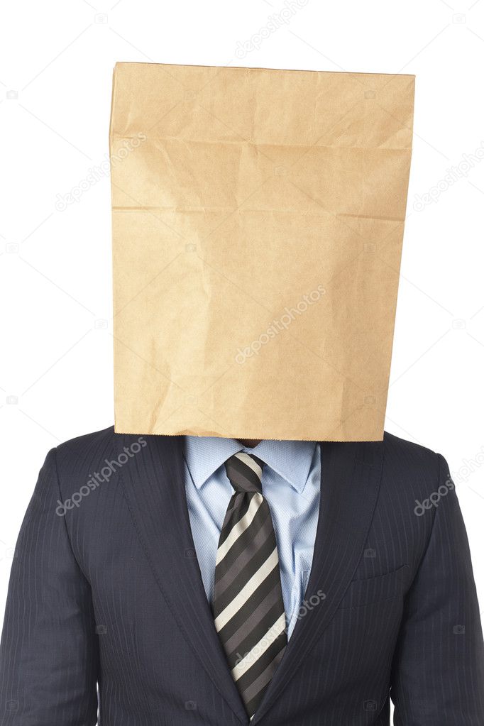 businessman with a paper covering his head