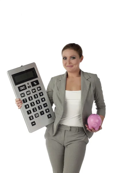 Lachende accountant met Rekenmachine en piggy bank — Stockfoto