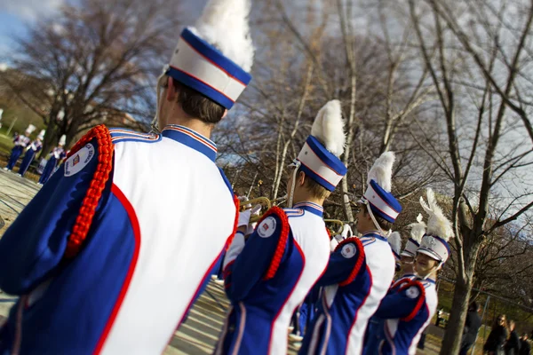 Rear tilt image of men playing trumpet — Stock Photo, Image