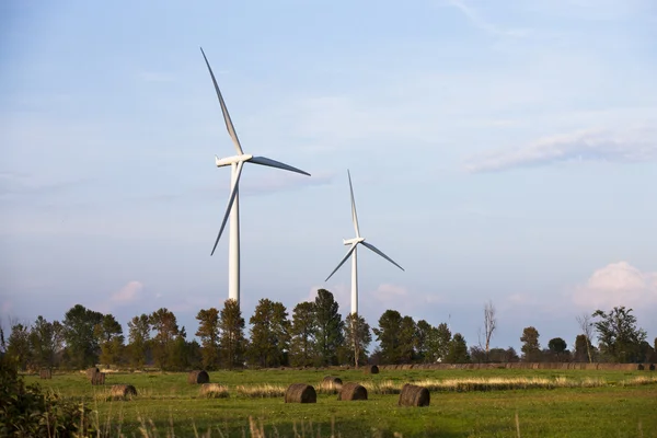 Dos aerogeneradores en un campo —  Fotos de Stock