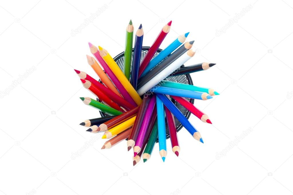 An overview shot of brightly colored pencil crayons Stock Photo by