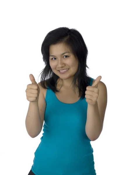 Menina mostrando polegares para cima gesto — Fotografia de Stock