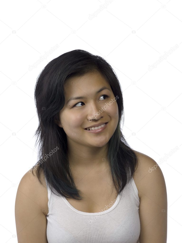 happy asian woman looking away