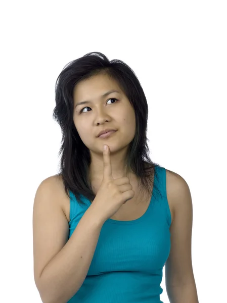 Young woman contemplating with hand on chin — Stock Photo, Image