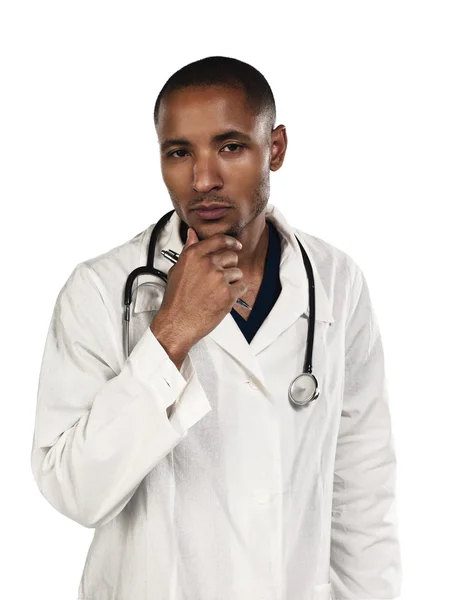 Portrait of a young doctor with hand on chin — Stock Photo, Image