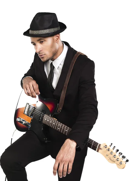 Promyšlené obchodní muž s kytarou — Stock fotografie