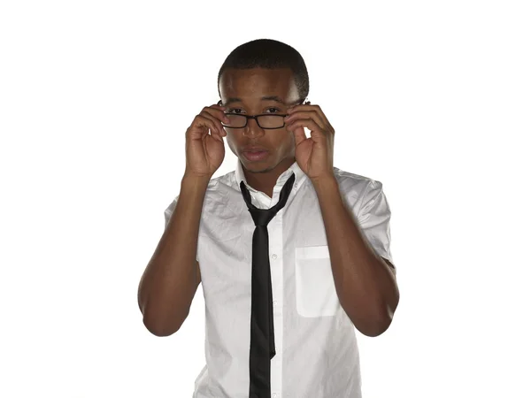 Retrato de un hombre de negocios ajustando gafas — Foto de Stock