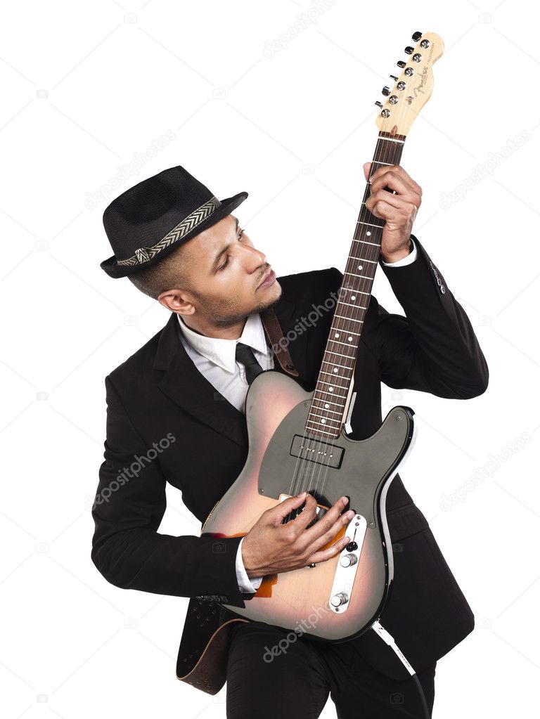 young african american businessman playing guitar