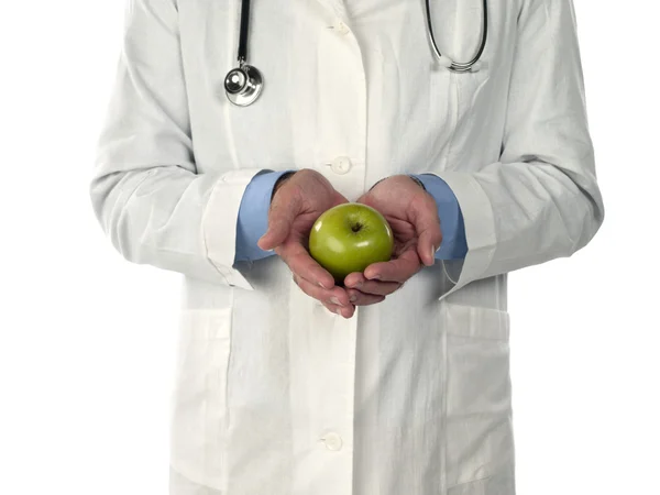 953 cropped image of a doctor holding green apple — Stock Photo, Image