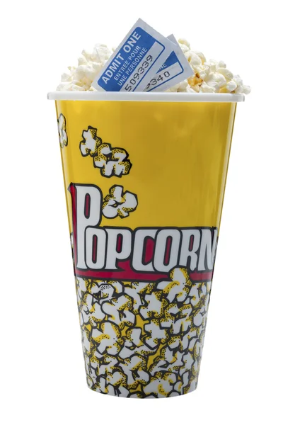 A bucket of popcorn with movie tickets — Stock Photo, Image