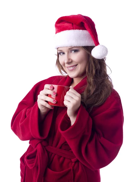 A cheerful santa woman drinking coffee — Stock Photo, Image