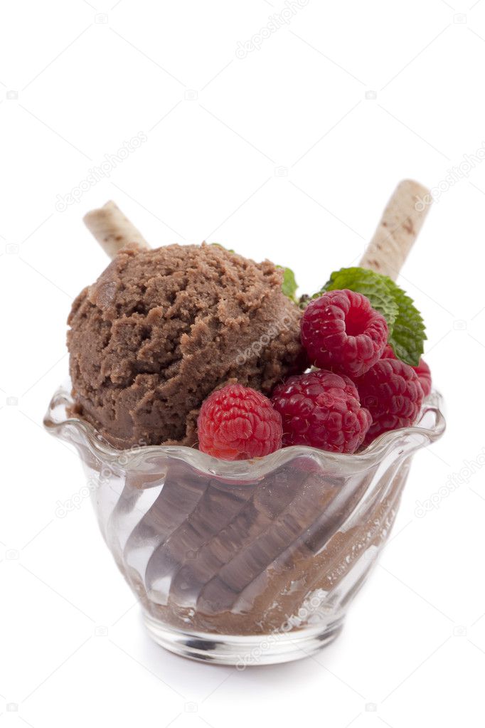 a bowl of chocolate ice cream with raspberry and wafer stick