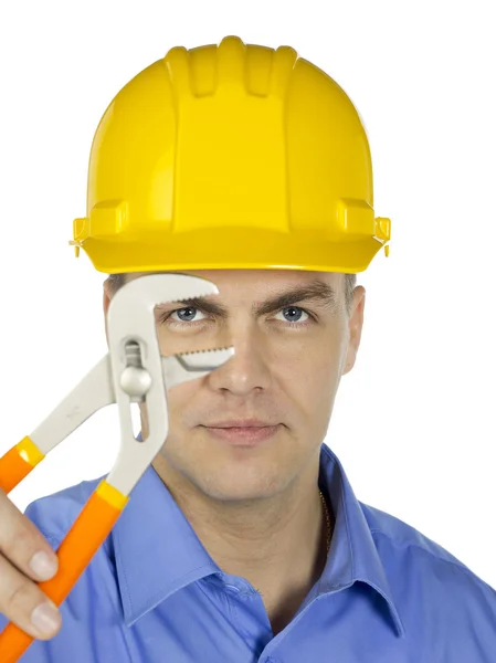 Businessman with yellow hard hat — Stock Photo, Image