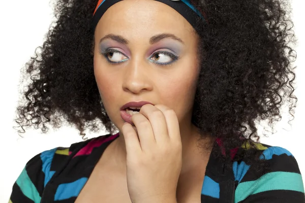 80s girl bites her nails — Stock Photo, Image