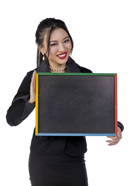 Businesswoman and slate board — Stock Photo, Image