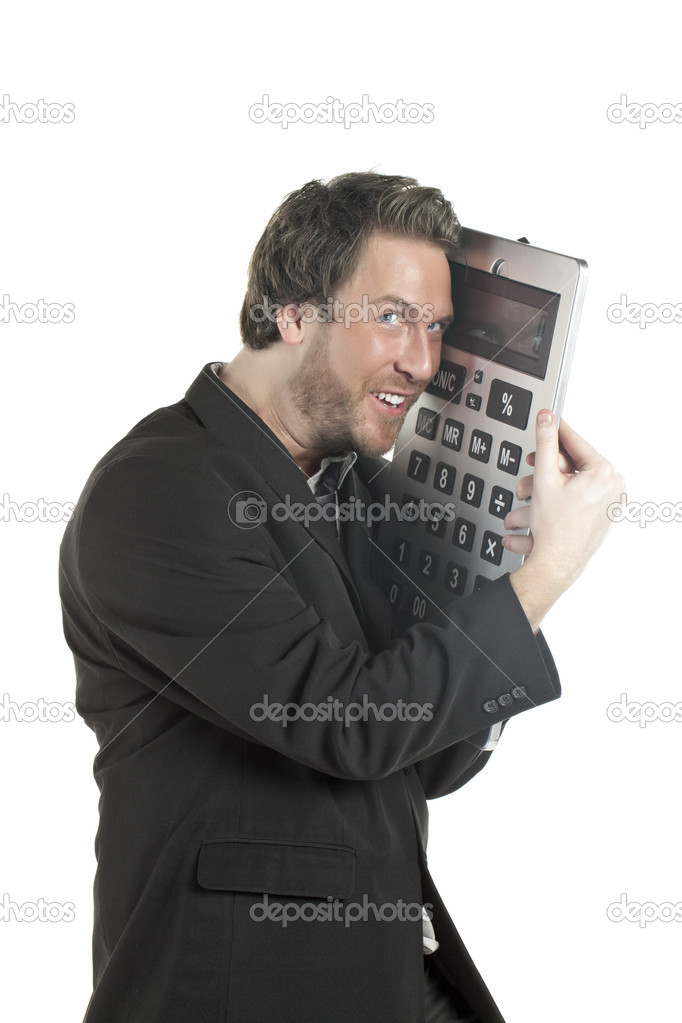 businessman holding a giant calculator