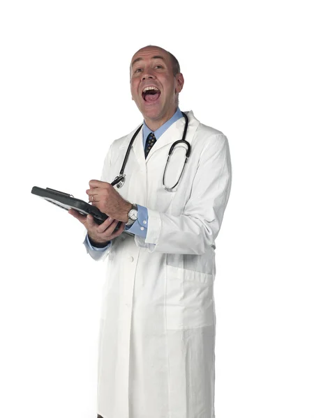 Happy mature doctor making notes — Stock Photo, Image