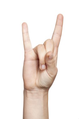 yüksek bir rock'n roll işareti ile yukarıya kaldırdı yardım