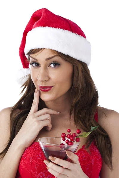 一个美丽的女人与圣诞老人帽子和红酒 — 图库照片