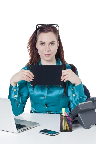 A businesswoman holding a black card board — Stock Photo, Image