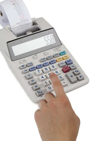 A cashier on the calculator with printed receipt — Stock Photo, Image