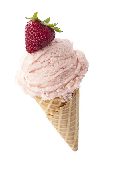 A cone of strawberry ice cream with strawberry topping — Stock Photo, Image