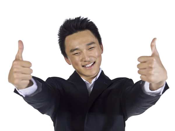 Een gelukkig zakenman met tweetal duimschroef opwaarts — Stockfoto