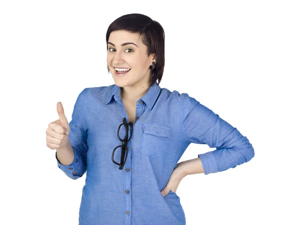 Onaylanmış bir işareti yapmak mutlu bir kadın — Stok fotoğraf