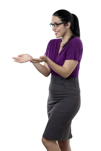Uma mulher feliz com a mão implorando — Fotografia de Stock