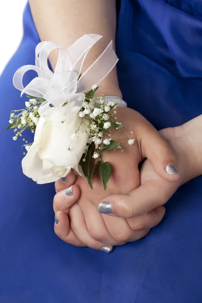 A lady in prom with wrist corsage — Stock Photo, Image