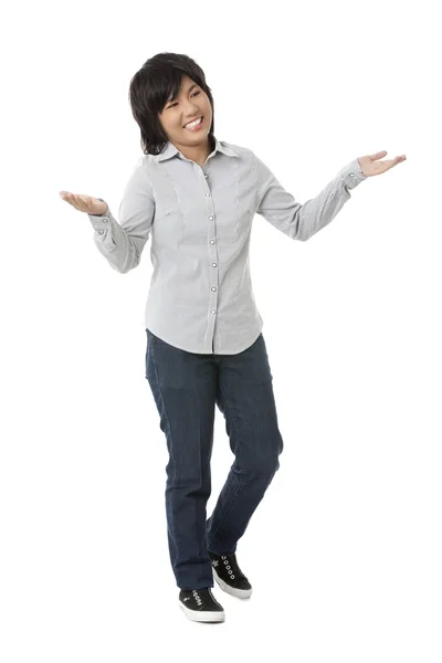 Een lachende dame met geen idee gebaar — Stockfoto